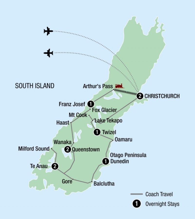 Map of 10 Day Signature South Island route