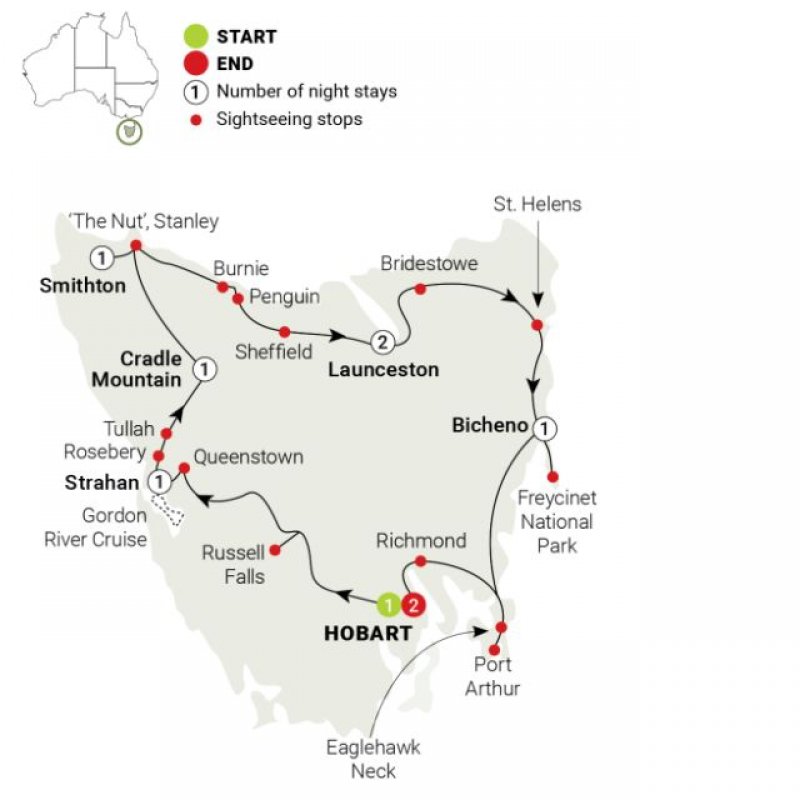 Map of Enchanting Tasmania: 10-Day Discovery Expedition route