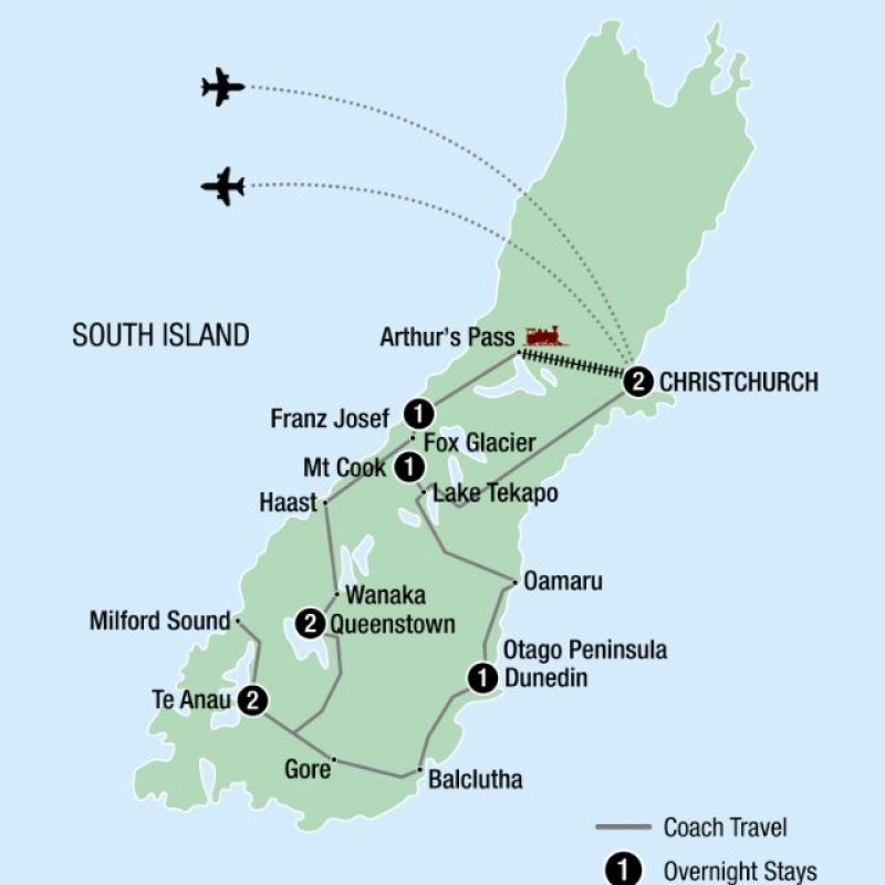 Map of 10 Day Ultimate South Island route