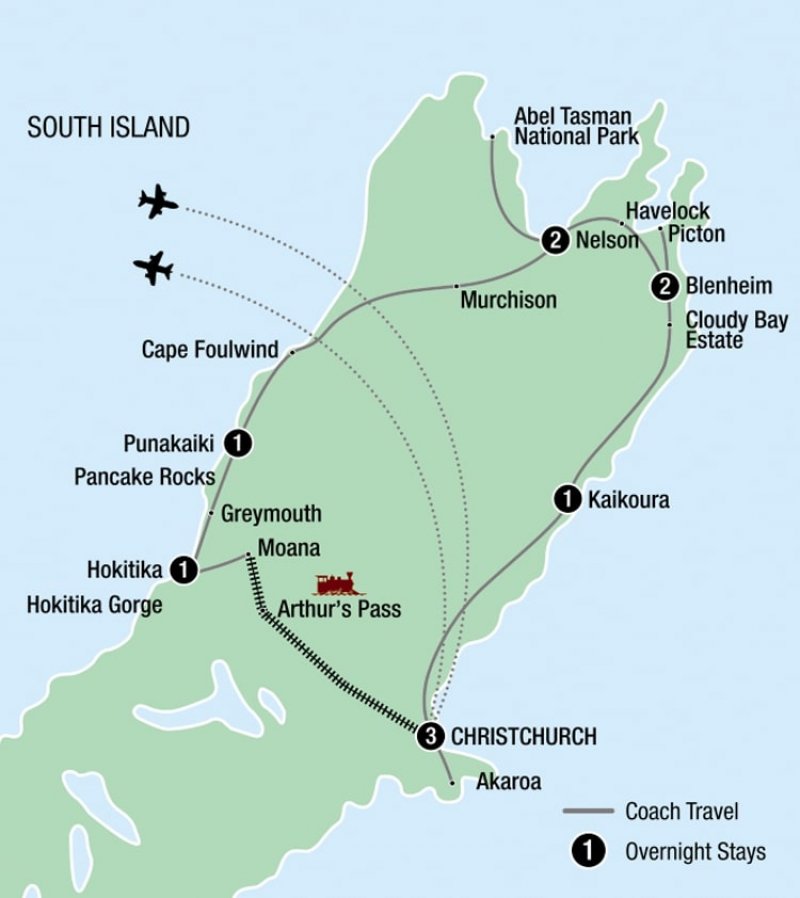 Map of Discover the Treasures: 11-Day Top of the South Island Signature Tour route
