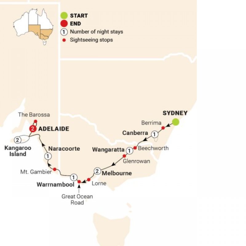 Map of 11 Day Tastes of Southern Australia route