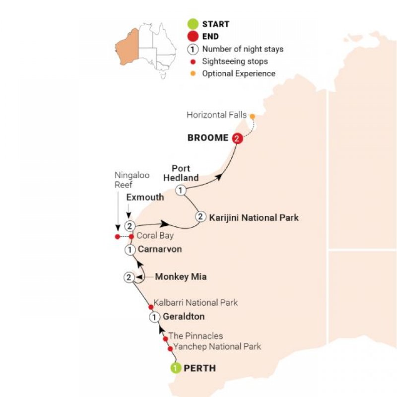 Map of 13 Day Wonders of Pilbara and West Coast route