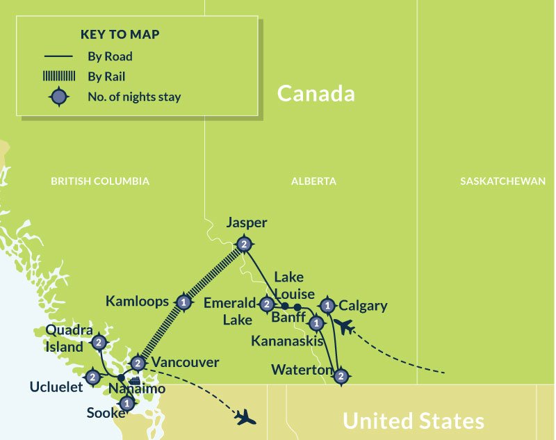 Map of 17 Day Scenic Lodges of the West with a Canadian Rockies Rail Experience route