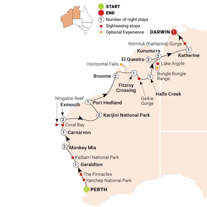 Map of 21-Day Wonders of West Coast and Kimberley route