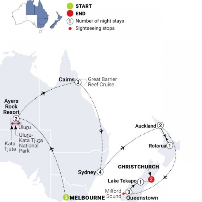 Map of 22 Day Highlights of Australia and New Zealand route