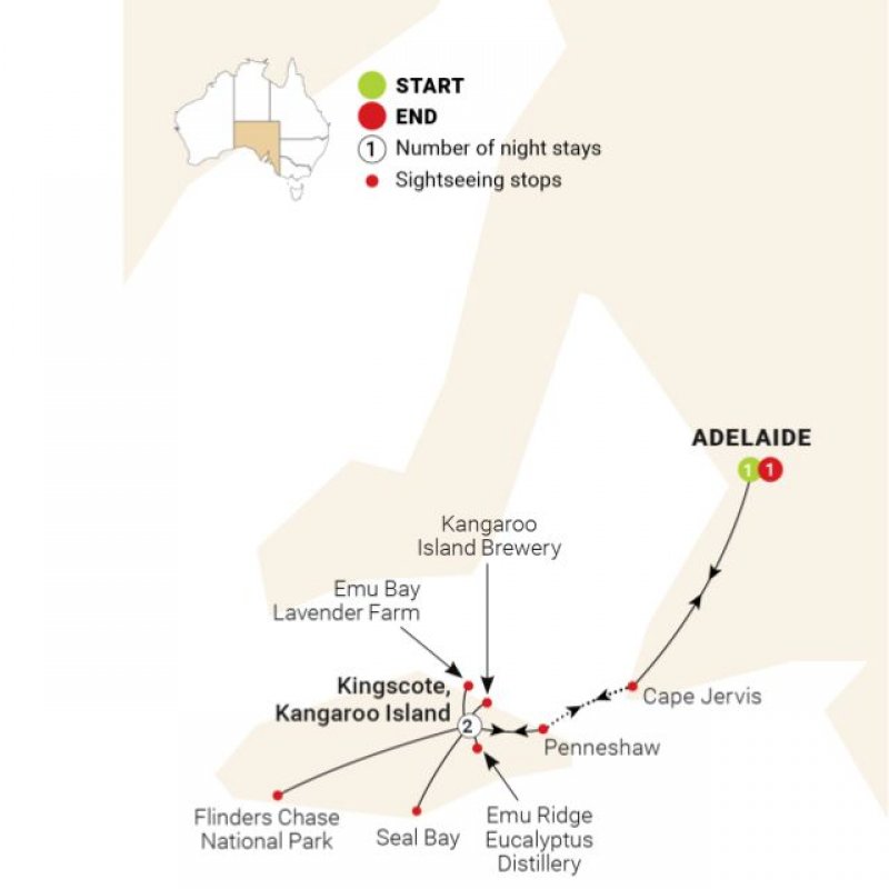 Map of 5 Day Remarkable Adelaide and Kangaroo Island route