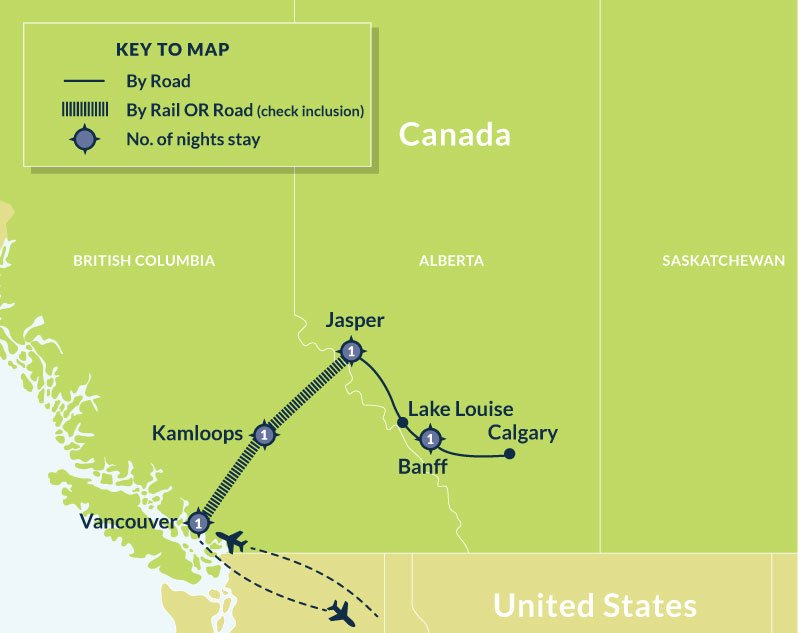 Map of 5 Day Rockies Road & Luxury Rail route