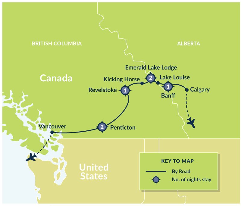 Map of 7 Day Okanagan & The Rockies route