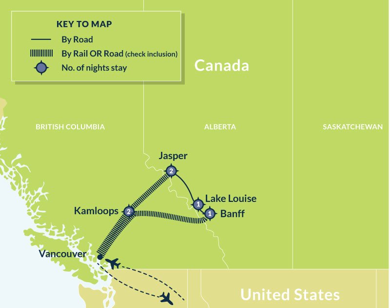 Map of 7 Day Canadian Rockies Circle Rail Enthusiast on Luxury Rail and Via Rail route