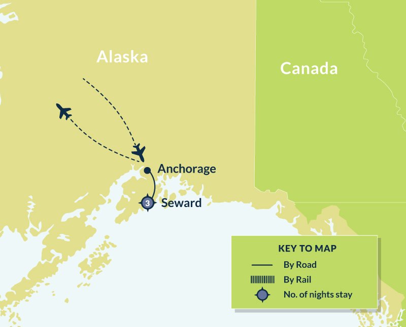 Map of 4 Day Seward, Kenai Fjords and Exit Glacier route