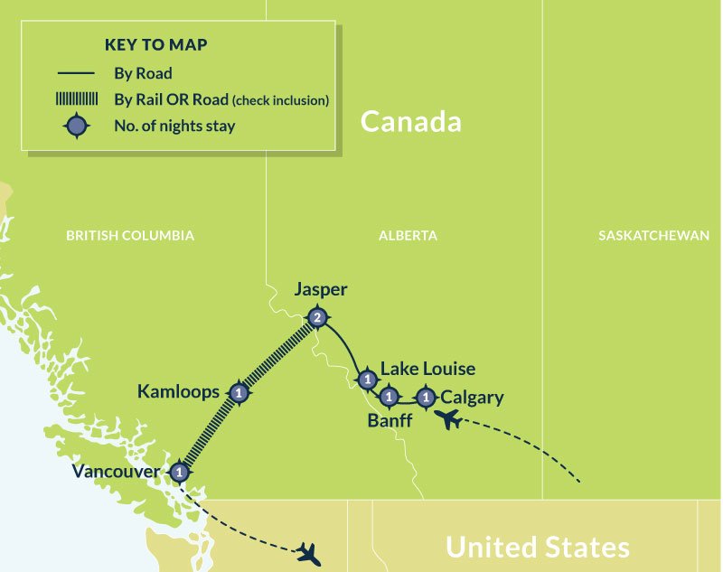 Map of 8 Day Canadian Rockies by road and rail on the Rocky Mountaineer route