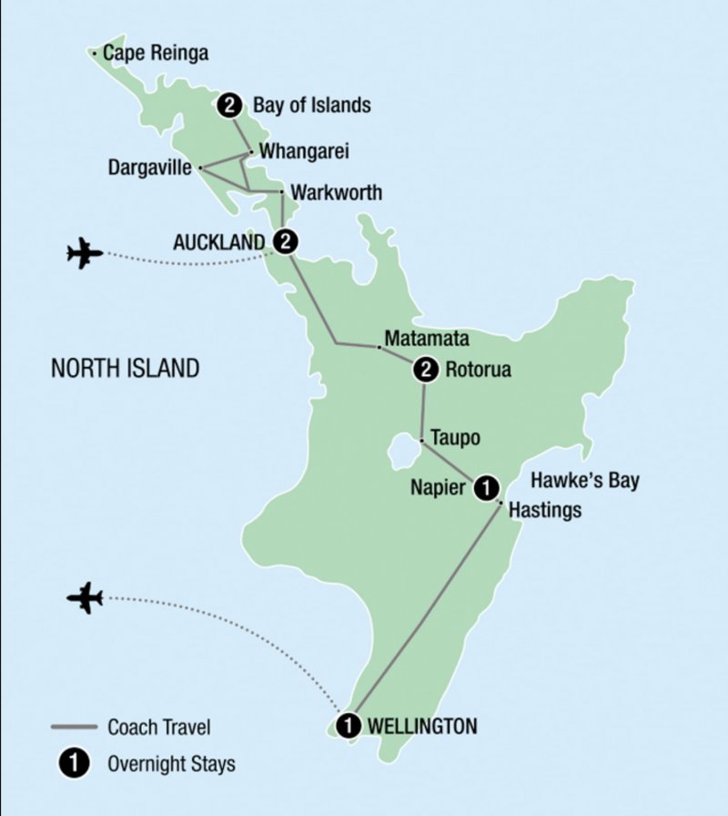 Map of 9 Day Ultimate North Island route
