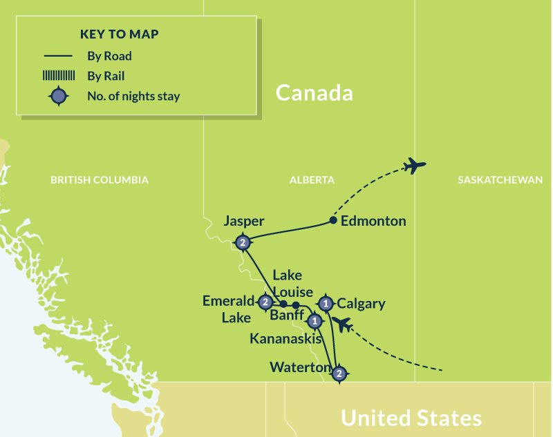 Map of 9 Day Remote Lodges of the Canadian Rockies Self Drive Experience route