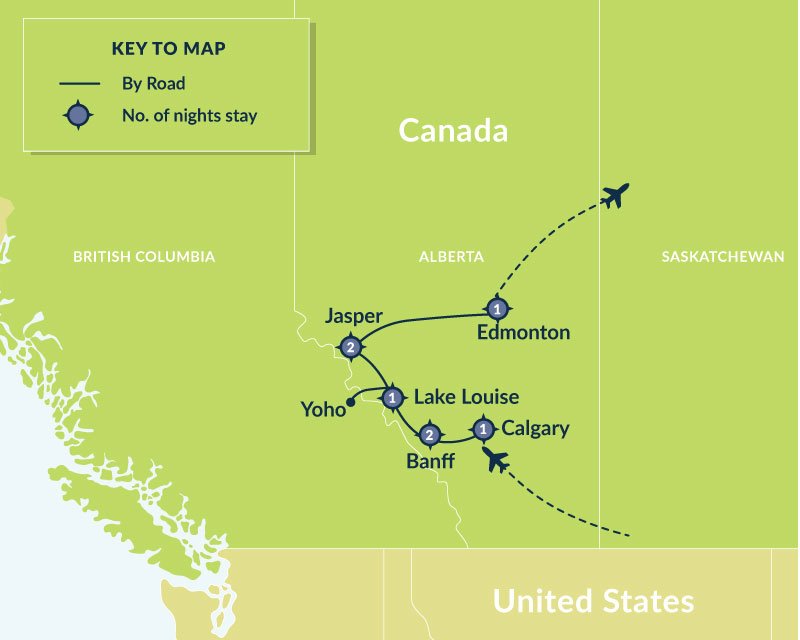 Map of Best of the Canadian Rockies Calgary to Edmonton route
