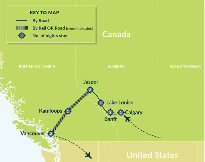 Map of Best of the Canadian Rockies with Rocky Mountaineer Calgary to Vancouver route