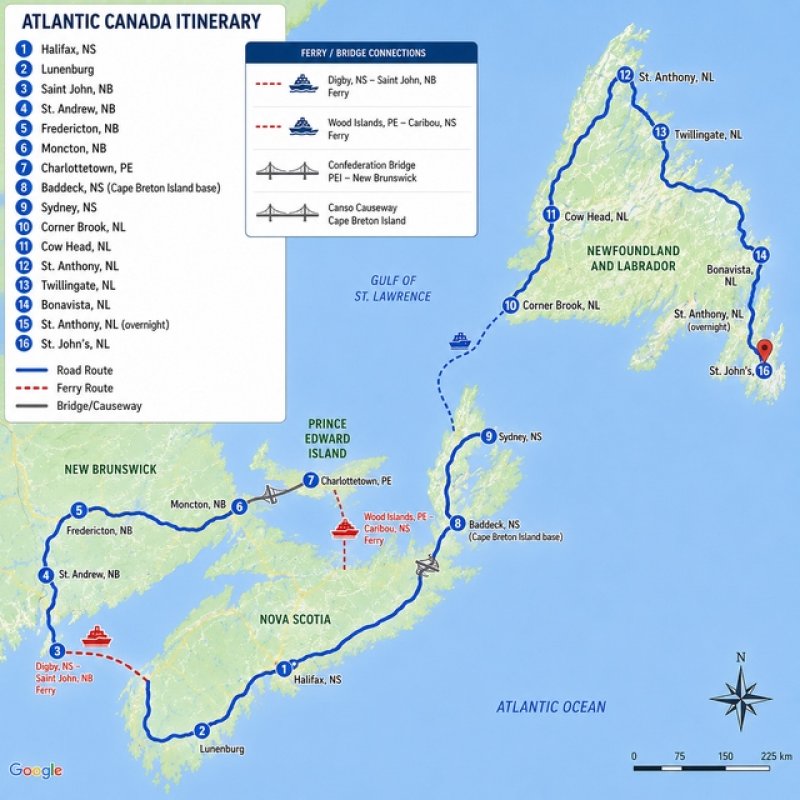 Map of Maritime Mosaic and Newfoundland route