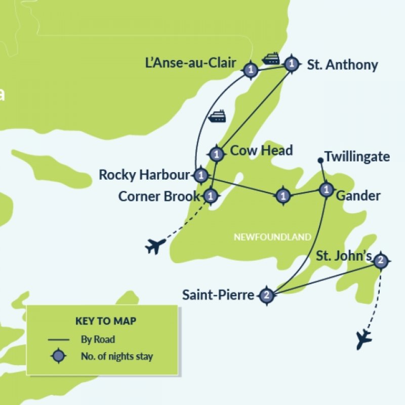 Map of 12 Day Ultimate Newfoundland & Labrador Discovery with Saint Pierre route